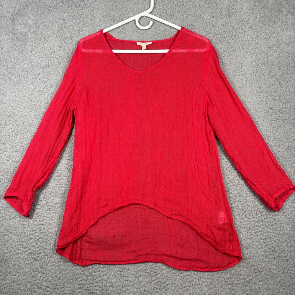 Eileen Fisher Tunic Women PM Red Linen V-Neck High-Low Gauze Italian Fabric Top